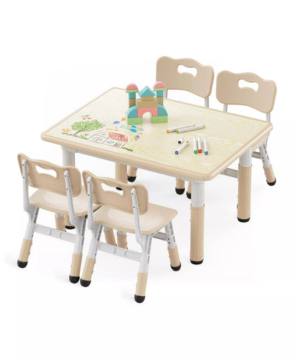 Kids Height-Adjustable Table and 4 Chairs Set with 31.5''W Easy-Clean Top
