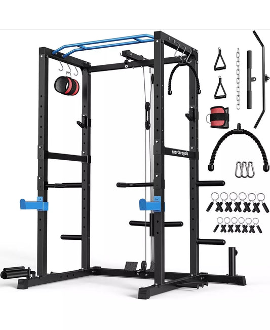 1200LBS Power Rack with Pulley System and LAT Pulldown, Multi-Functional Squat Rack Cage with J-Hooks for Home Gym