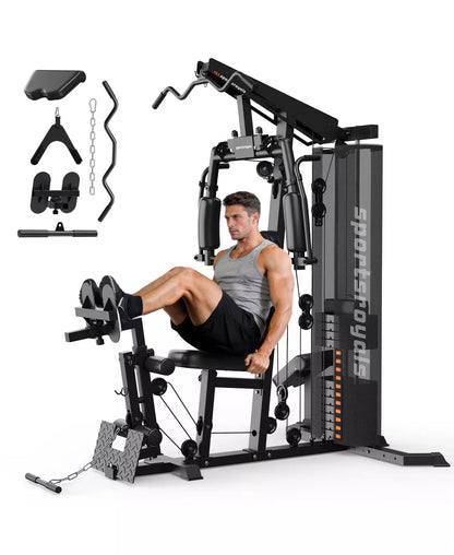 Home Gym Station with Mesh Cover, 150LBS Weight Stack Multifunctional Workout Equipment with Leg Press for Full Body Strength Training