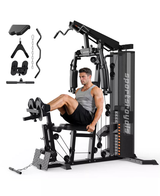 Home Gym Station with Mesh Cover, 150LBS Weight Stack Multifunctional Workout Equipment with Leg Press for Full Body Strength Training