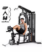 Home Gym Station with Mesh Cover, 150LBS Weight Stack Multifunctional Workout Equipment with Leg Press for Full Body Strength Training