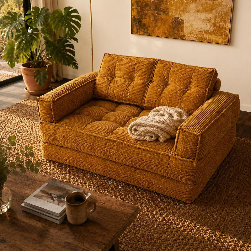 LauKingdom 51" 2-Seater Modular Corduroy Sofa with Chaise Lounge Amber Orange Convertible Floor Couch for Small Apartments & Living Room