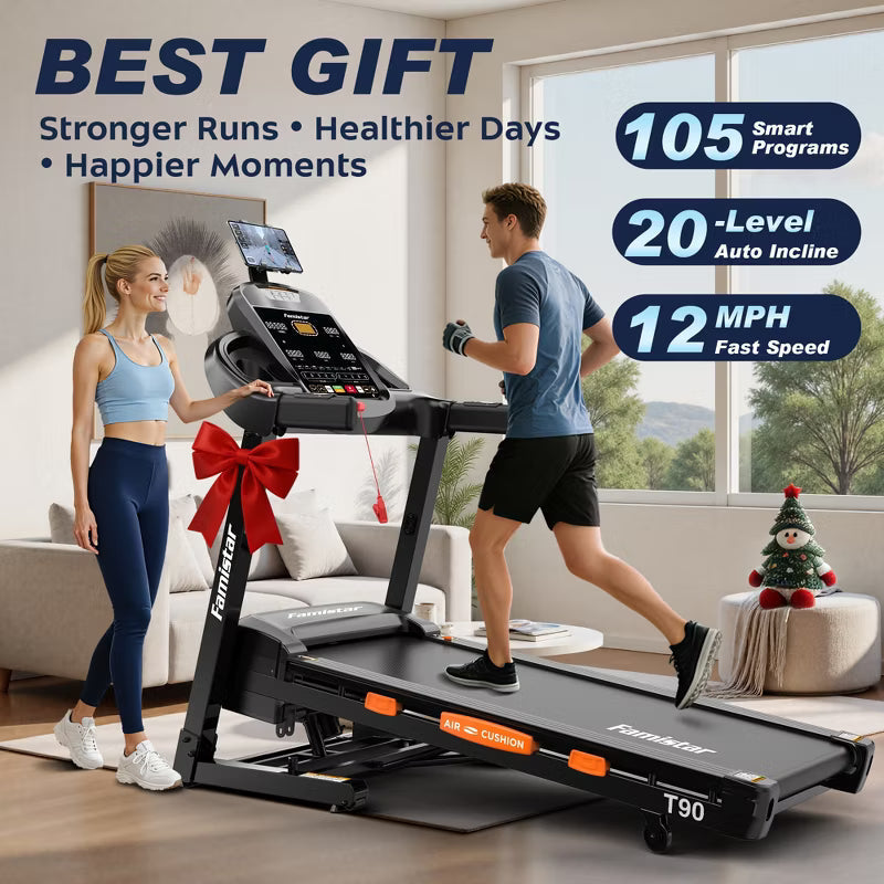5HP Foldable Treadmill w/ 20% Auto Incline, 400lb Capacity Treadmill, 12MPH Fast Speed,105 Smart Program, APP Control, Walking Running Home Treadmill