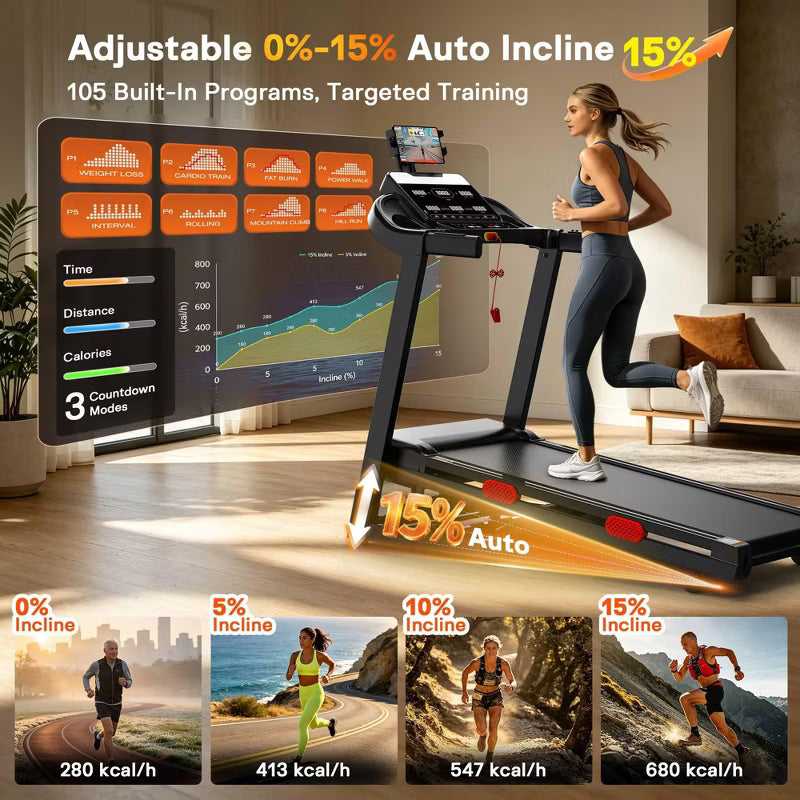 3.8HP Folding Treadmill for Home, 15% Auto Incline Running Machine, 9 MPH Speed, 105 Programs, Bluetooth Speakers, 330 LBS Capacity