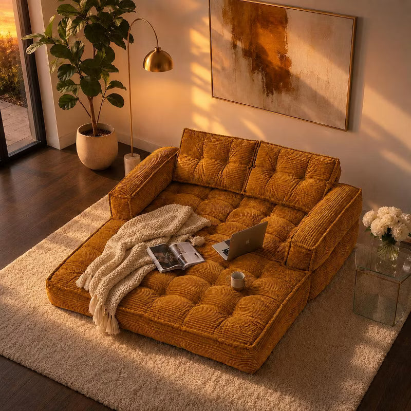 LauKingdom 51" 2-Seater Modular Corduroy Sofa with Chaise Lounge Amber Orange Convertible Floor Couch for Small Apartments & Living Room