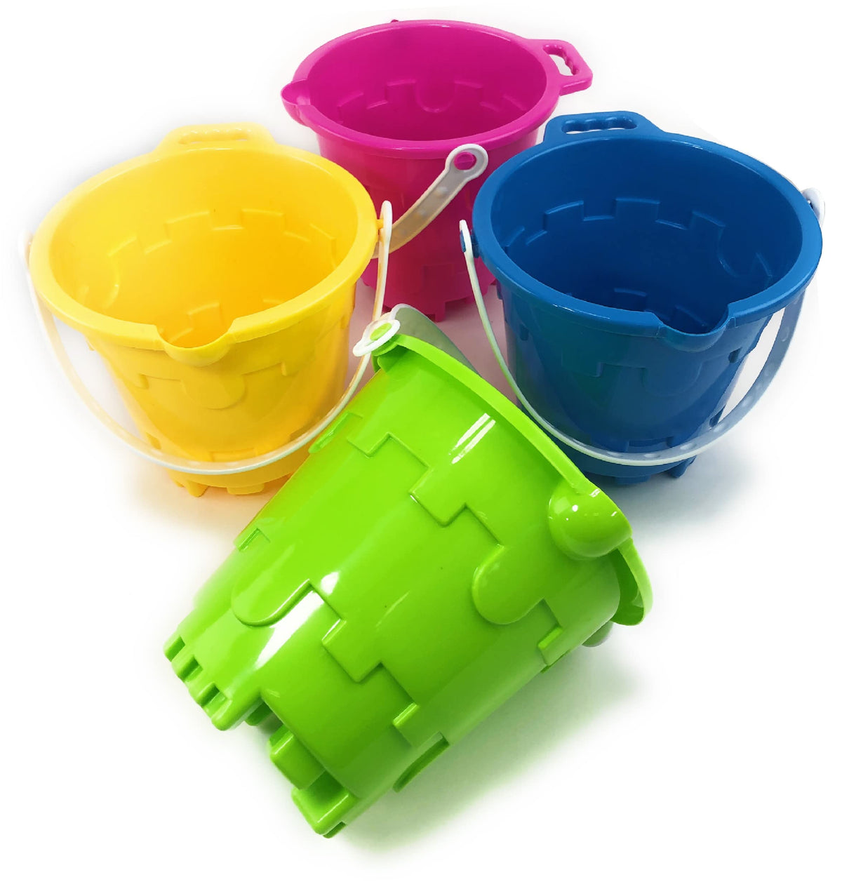Beach Gear 7" Plastic Castle Mold Sand Buckets (Pails) with Easy Pour Spout and Handle Blue, Pink, Green & Yellow Party Set Bundle - 4 Pack