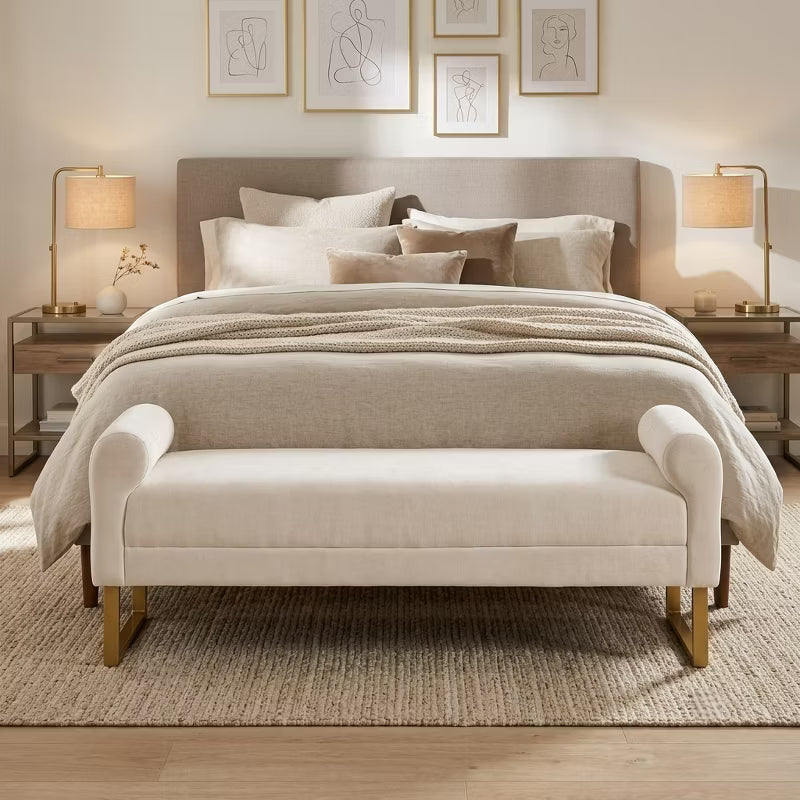 65" Ottoman Bench, End of Bed Bench with Chenille Upholstery, Gold Legs, Upholstered Bench for Entryway Bedroom Living Room Dorm Apartment