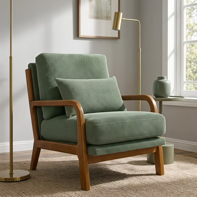 Mid-Century Modern Upholstered Accent Chair with Solid Wood Armrests & Lumbar Pillow for Living Room, Dorm, Apartment - Nubby Fabric, Sage Green