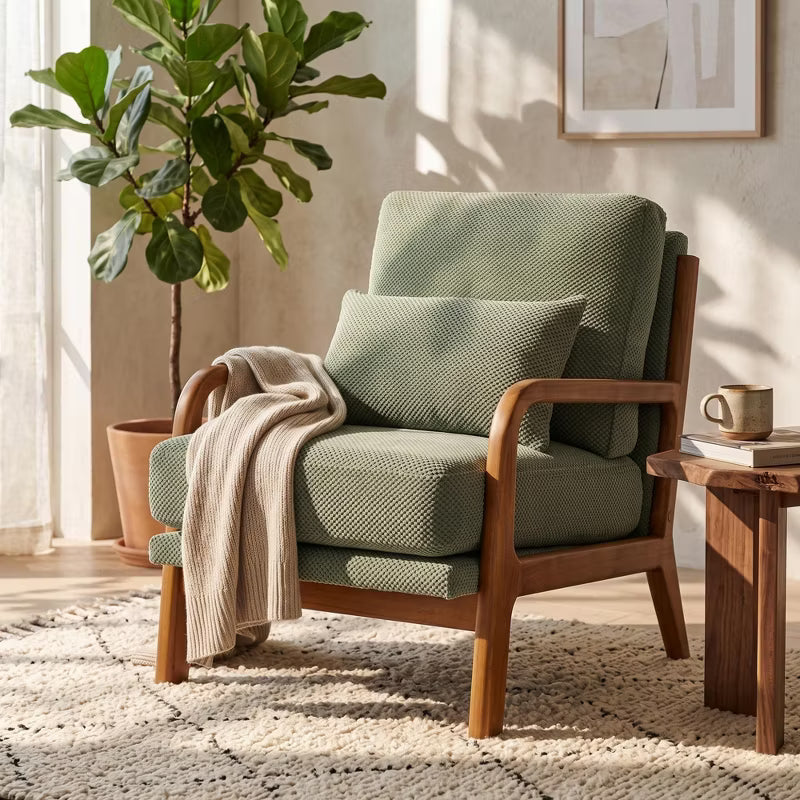 Mid-Century Modern Upholstered Accent Chair with Solid Wood Armrests & Lumbar Pillow for Living Room, Dorm, Apartment - Nubby Fabric, Sage Green