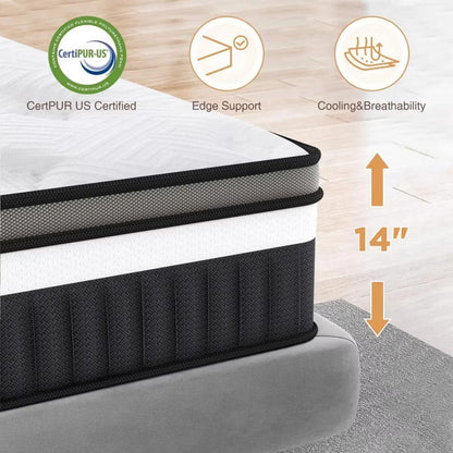 14" Queen Hybrid Mattress in a Box with Gel Memory Foam, Cooling Sleep, Medium Feel, Pressure Relief, Motion Isolation, CertiPUR-US Certified