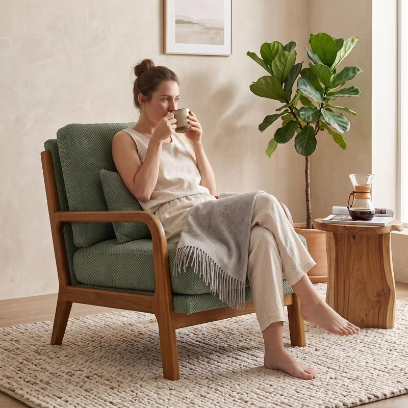 Mid-Century Modern Upholstered Accent Chair with Solid Wood Armrests & Lumbar Pillow for Living Room, Dorm, Apartment - Nubby Fabric, Sage Green