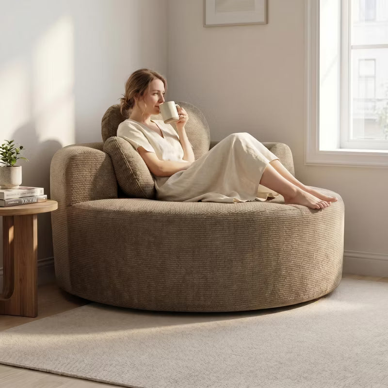Premium Round Sofa Bed Cloud Couch with Memory Foam, Waffle Fabric Small Sectional Lounge with 2 Accent Pillows for Living Room, Dorm, Apartment