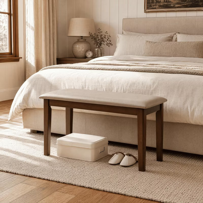 Solid Wood Frame Bench with Soft Breathable Tech Fabric Cushion, Heavy Duty Farmhouse Upholstered Stool, for Dining Room, Bedroom, Living Room, Gray