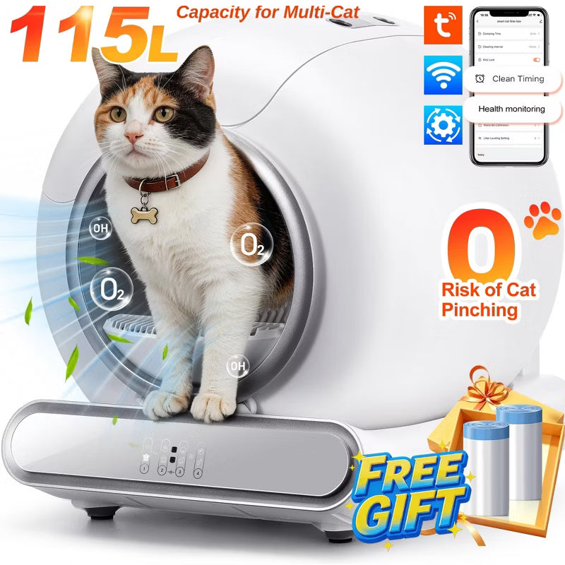 Self-Cleaning Cat Litter Box,Automatic Litter Box w/ APP Remote Control&Health Monitoring,Safety Sensors & Deodorizing System,Litter Box for Multi-Cat
