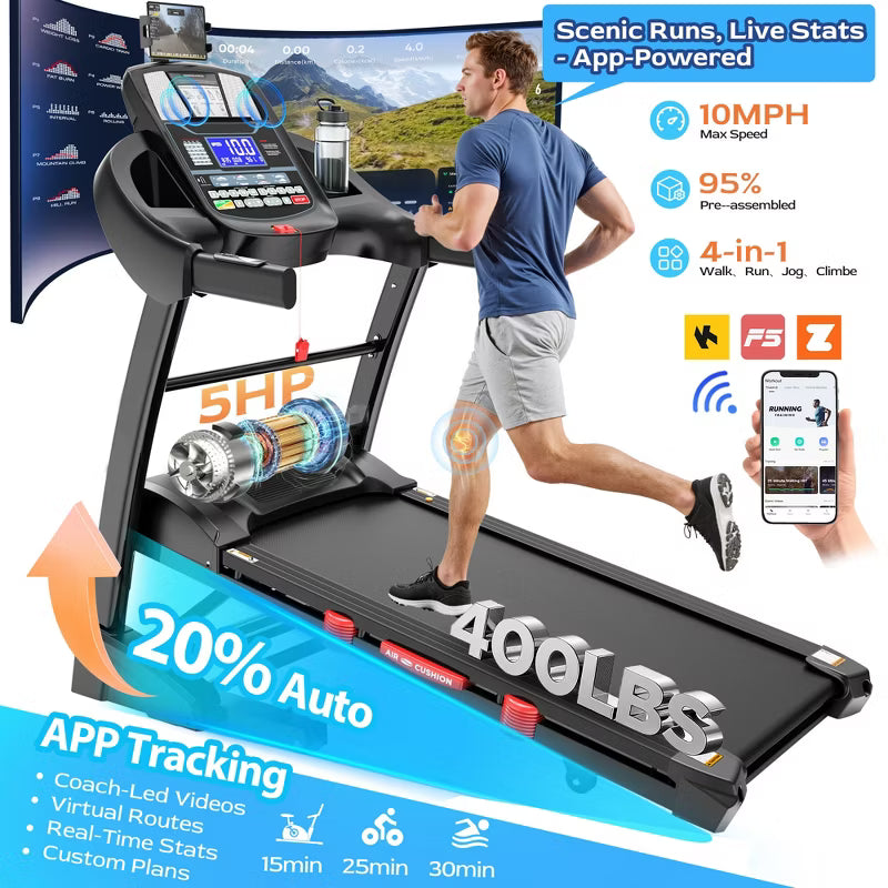 20% Auto Incline Folding Treadmill for Home, 5.1HP Quiet Motor, 400LB, Compact Walking Running Machine with App Control, 71 Programs & Bluetooth