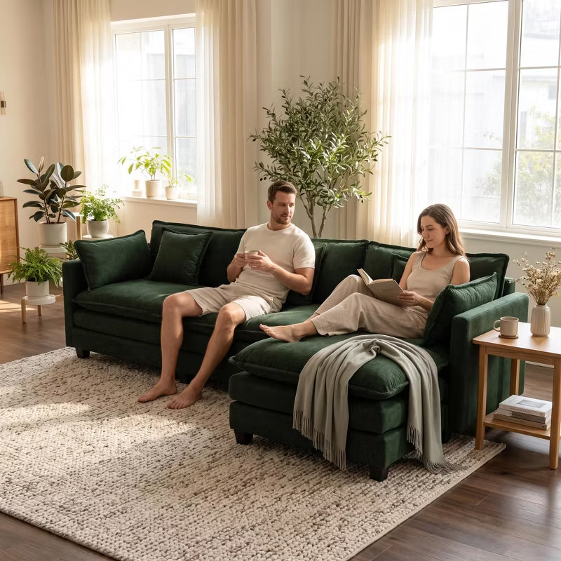 LauKingdom 114" Dark Green Chenille 3-Seat Modular Sectional Sofa with Ottoman, Reversible Sleeper Cloud Couch for Living Room Apartment