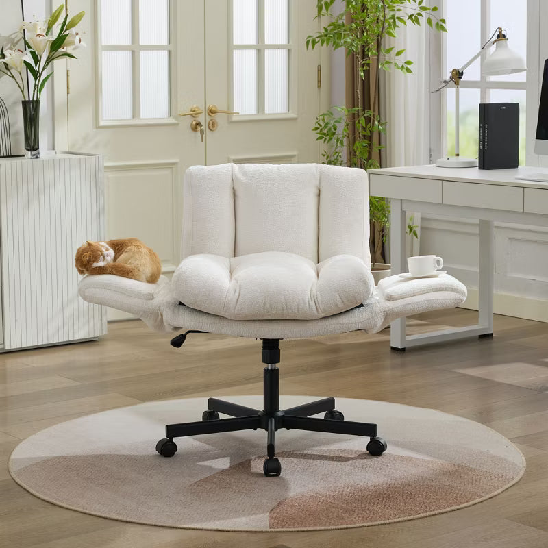 Chenille Swivel Office Chair, with Convertible Multi-Position Armrests, Comfy Double Cushioned Desk Chair for Home, Study, Vanity & Living Room, Beige