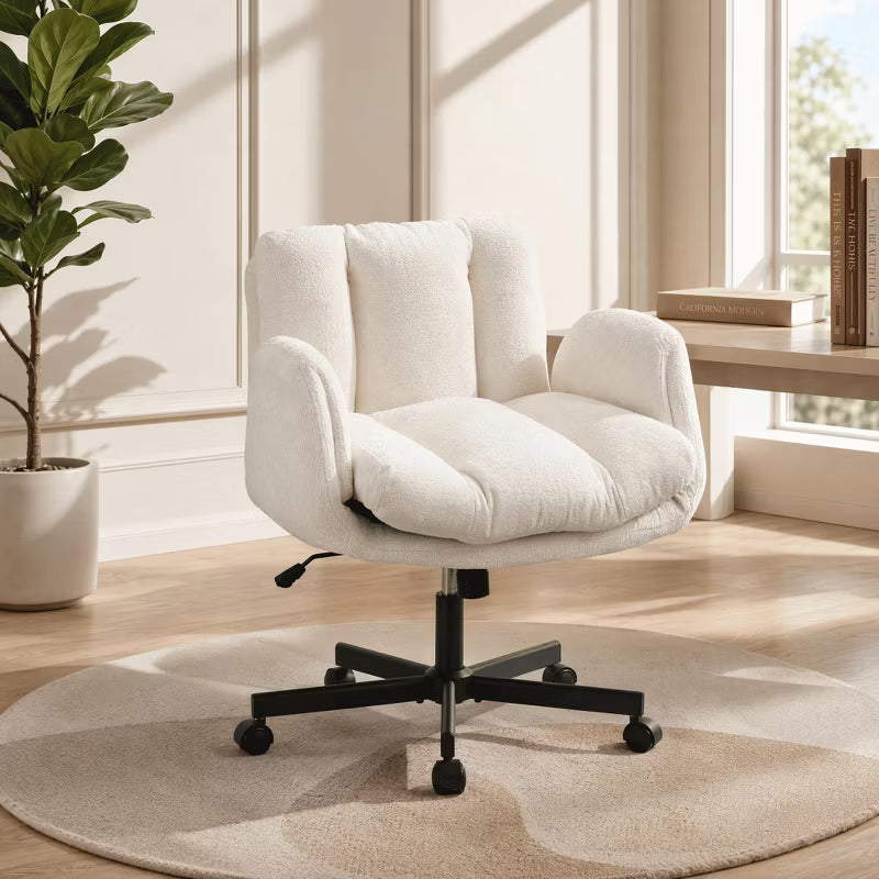 Chenille Swivel Office Chair, with Convertible Multi-Position Armrests, Comfy Double Cushioned Desk Chair for Home, Study, Vanity & Living Room, Beige
