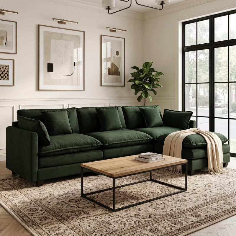 LauKingdom 114" Dark Green Chenille 3-Seat Modular Sectional Sofa with Ottoman, Reversible Sleeper Cloud Couch for Living Room Apartment