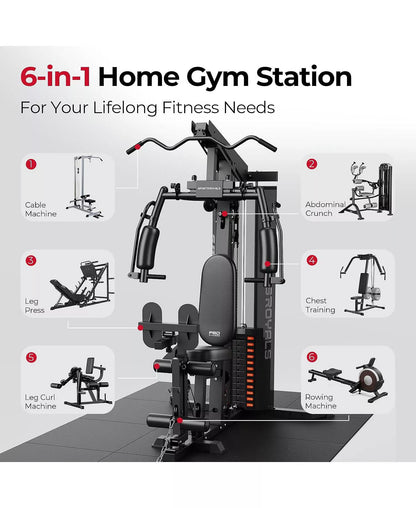 Home Gym Station with Mesh Cover, 150LBS Weight Stack Multifunctional Workout Equipment with Leg Press for Full Body Strength Training