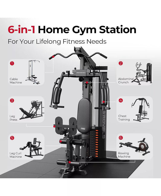 Home Gym Station with Mesh Cover, 150LBS Weight Stack Multifunctional Workout Equipment with Leg Press for Full Body Strength Training
