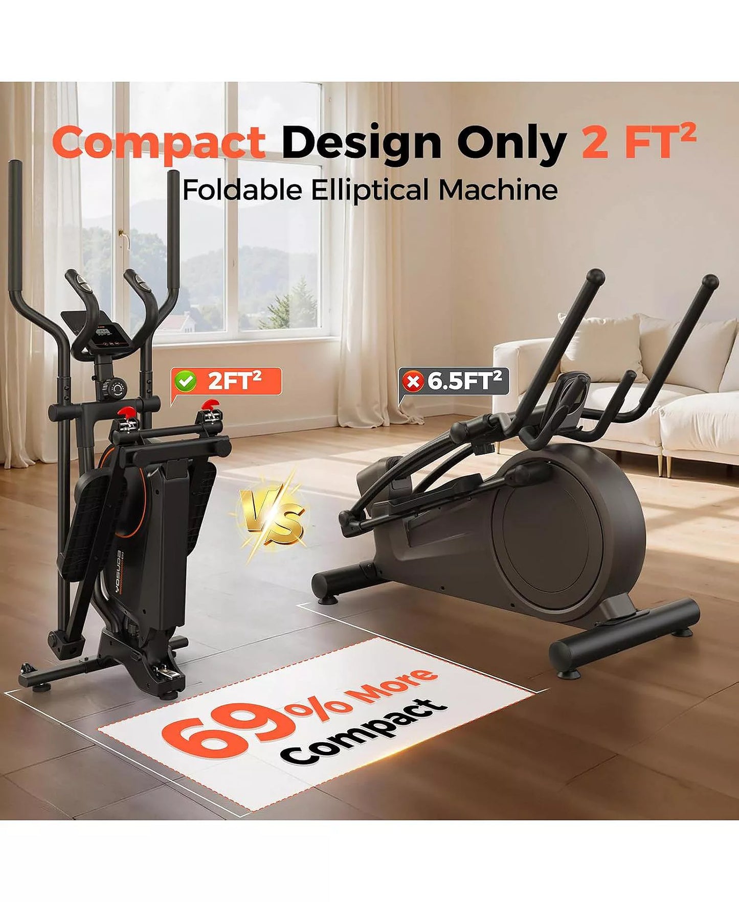 Foldable Elliptical Machine for Home, 15IN Stride Compact Folding Cross Trainer with 16 Magnetic Resistance Levels