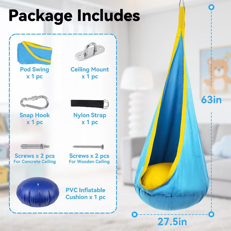 Kids Pod Swing Chair with Inflatable Cushion, Storage Pocket & Hanging Hardware,Blue