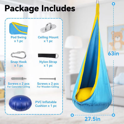Kids Pod Swing Chair with Inflatable Cushion, Storage Pocket & Hanging Hardware,Blue