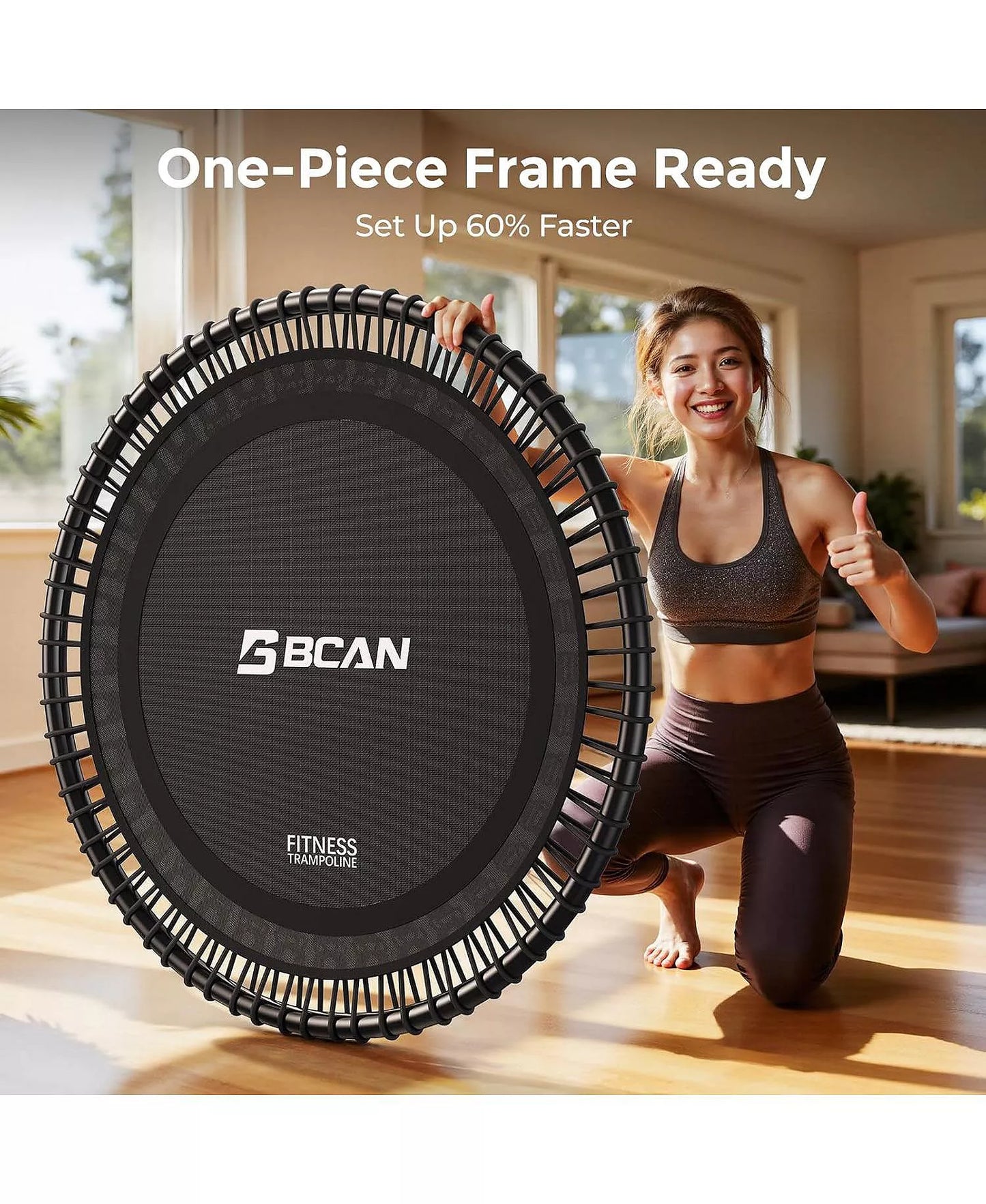 BT4 Soft Land Pro 48 Inch Bungee Trampoline, 500LBS Quiet Indoor Rebounder with Adjustable Tension and Phone Holder