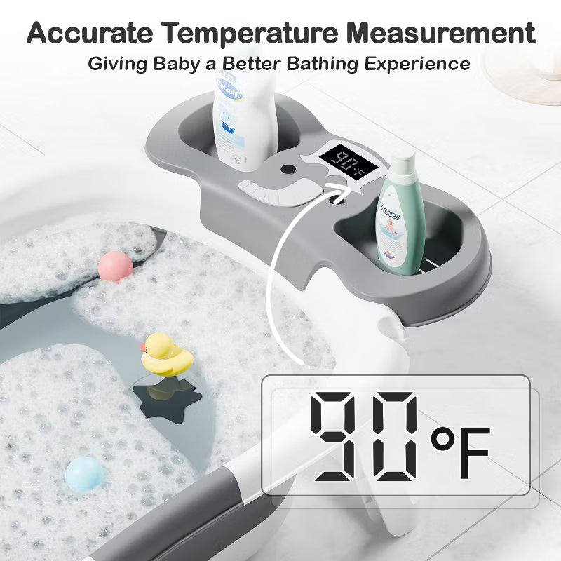 TUMAJUP Foldable Elephant Baby Bathtub for Infants and Toddlers with Soft Cushion and Thermometer-Gray