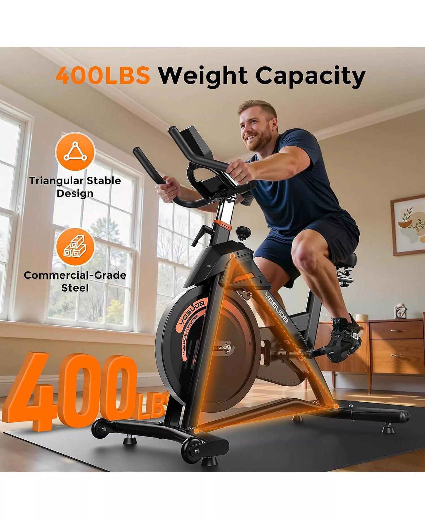 Light Commercial Exercise Bike, 50LB Flywheel, 100-Level Magnetic Resistance, 400LB Capacity, Bluetooth, 20dB Quiet