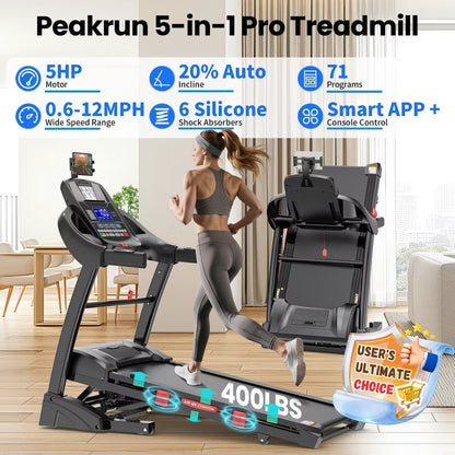 5HP Foldable Treadmill for Home w/ 15% Auto Incline, 400lbs Capacity, 10MPH Portable Treadmill, 64+7 Programs, Personalized Workout with APP
