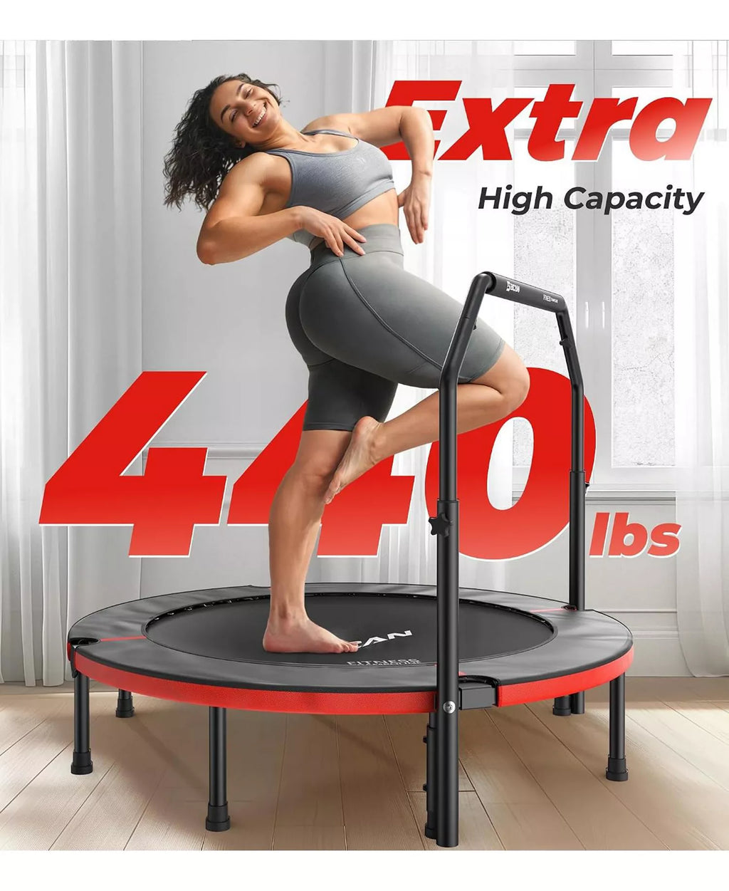 SP3 40 Inch Foldable Mini Trampoline with U Shape Adjustable Foam Handle Adult Rebounder Trampoline Indoor Fitness Workout Max Load 330LBS