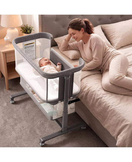 3-in-1 Baby Bassinet Bedside Sleeper with Adjustable Height, Mosquito Net and Wheels