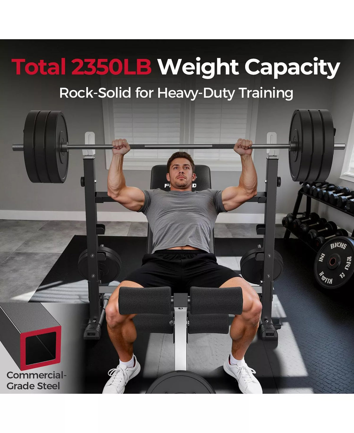 Olympic Adjustable Weight Bench, 39IN Rack Width with Bench Press Rack, Leg Extension and Leg Curl, Multi-Functional Workout Equipment