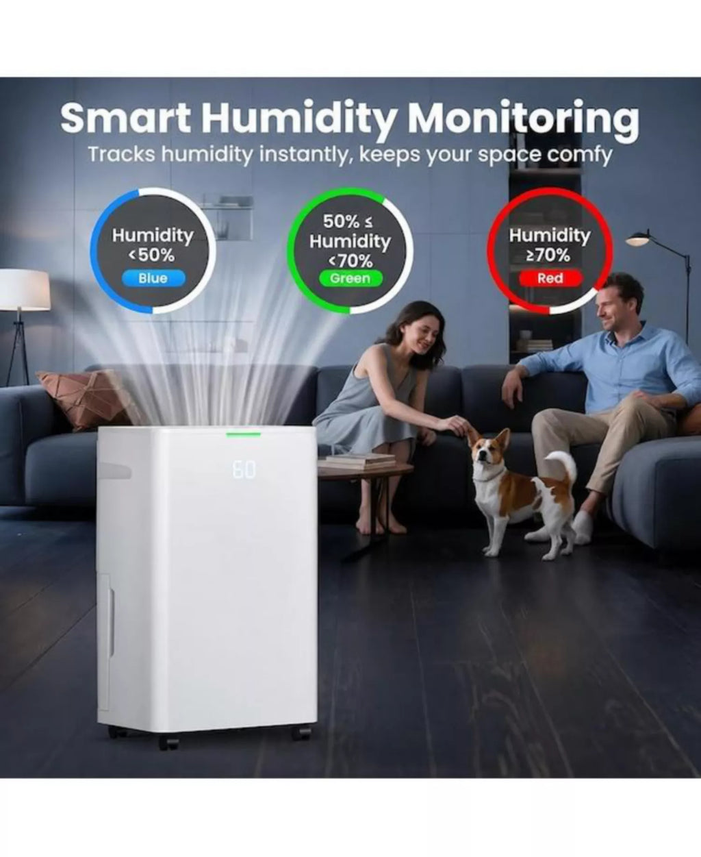 Large Room Dehumidifier with 80 Pint Capacity Smart Humidity Control and Drain Hose
