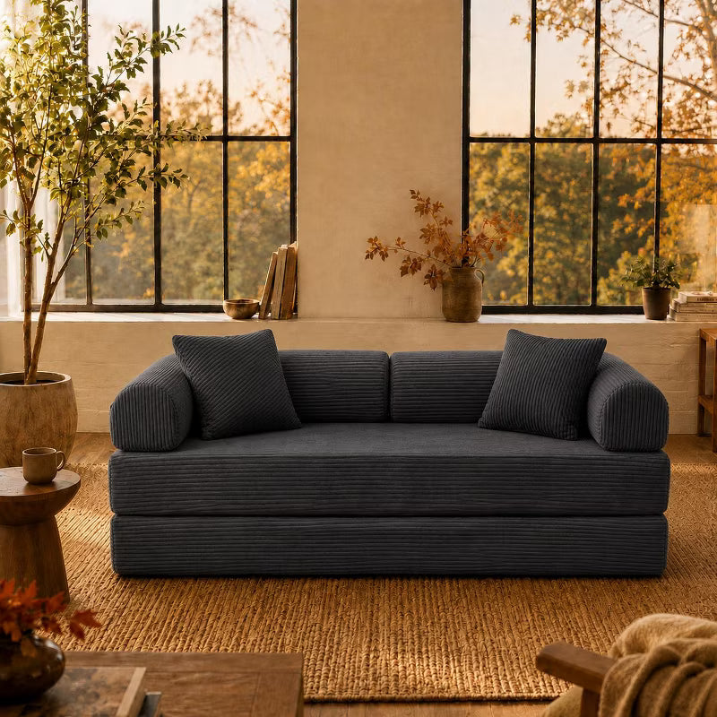 LauKingdom 78.7" Corduroy Convertible Sofa Bed, 3-in-1 Boneless Floor Couch with Foldable Side Rails and Storage Pocket for Living Room and Bedroom