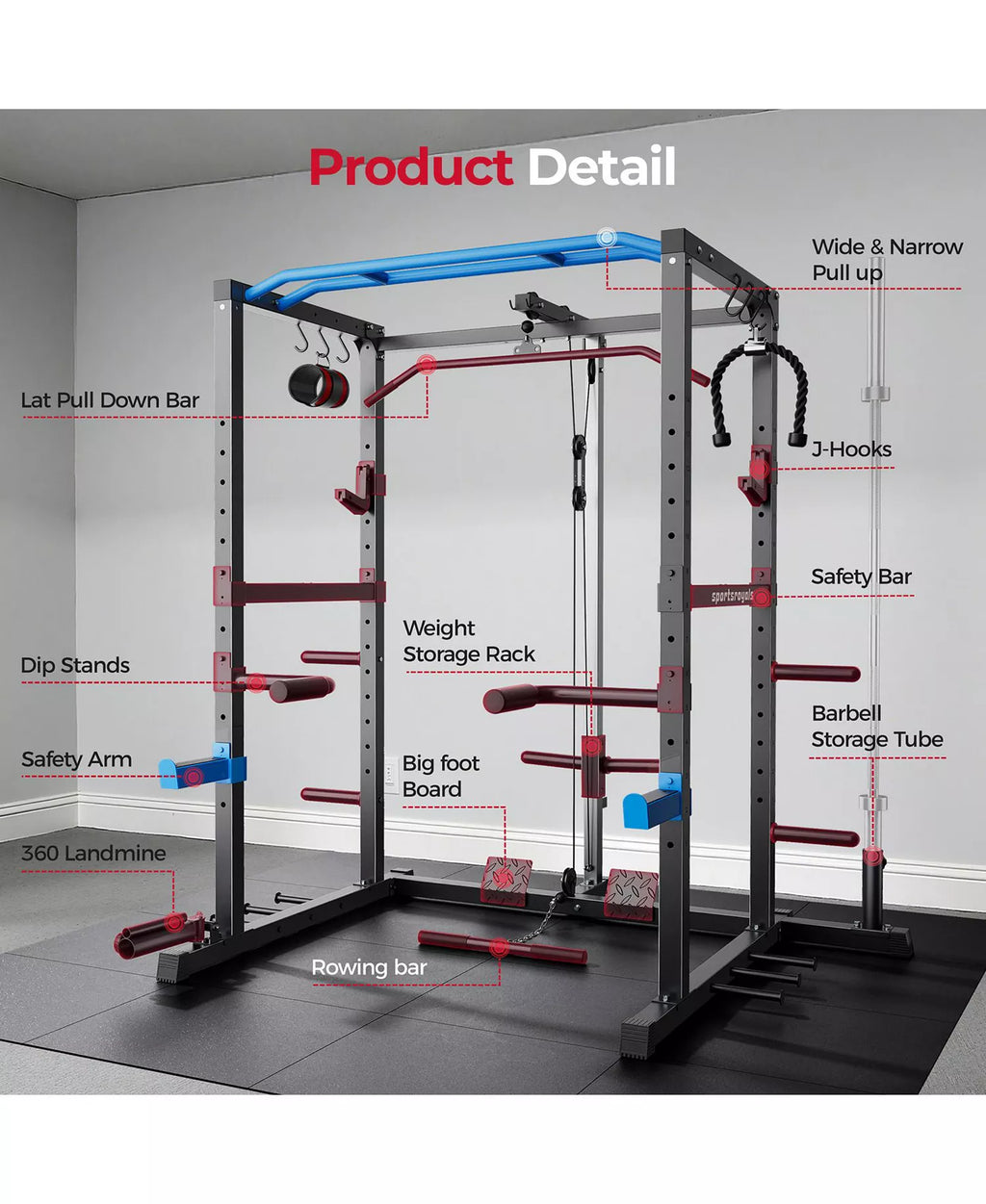 1200LBS Power Rack with Pulley System and LAT Pulldown, Multi-Functional Squat Rack Cage with J-Hooks for Home Gym