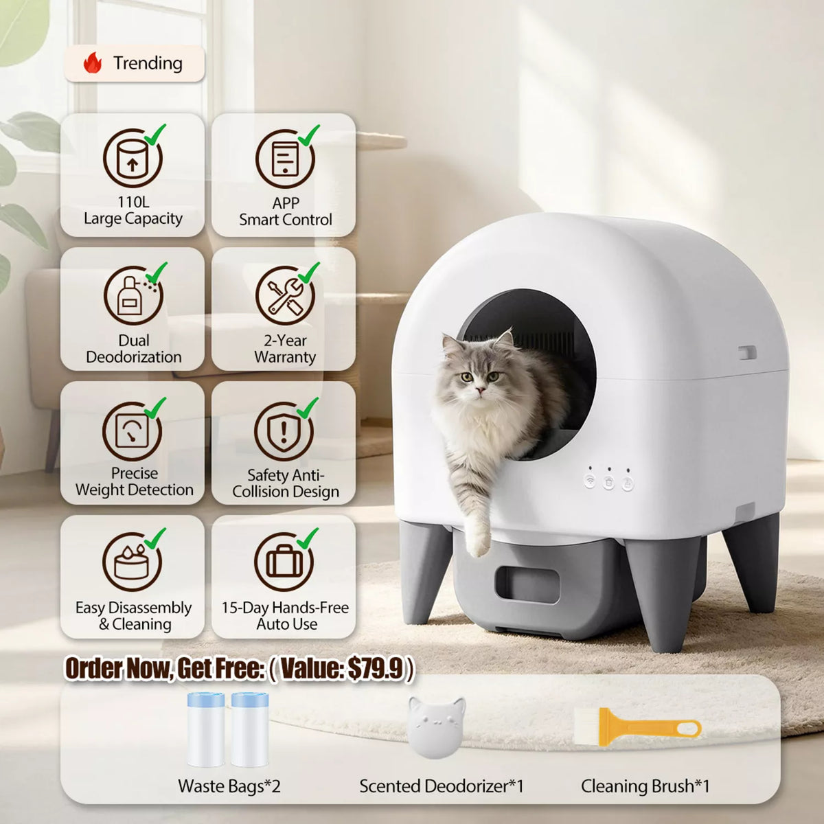 Automatic Self-Cleaning Cat Litter Box with Quiet Mode & 110L Large Sealed Waste Bin