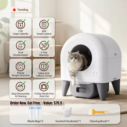 Automatic Self-Cleaning Cat Litter Box with Quiet Mode & 110L Large Sealed Waste Bin