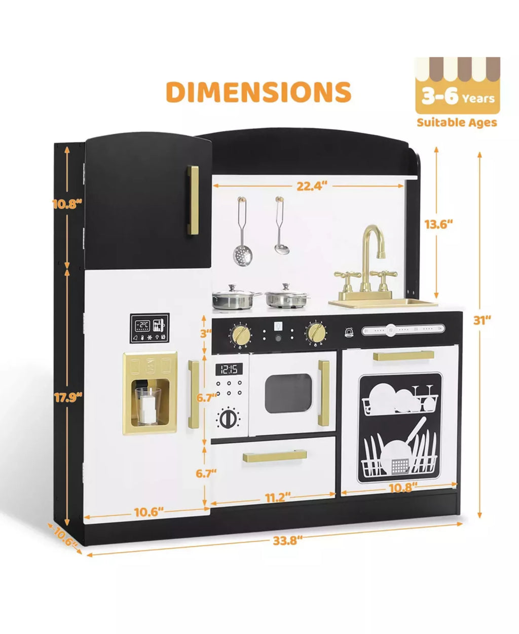 Wooden Pretend Play Kids Kitchen, Toy Kitchen Playset w/Oven, Microwave for Boys Girls Age 3+