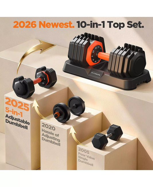 55LB Pro Advanced Adjustable Dumbbell Set Pair 10-Level Weights Double Adjustment Gears Flexible Quick Adjust Home Gym Fitness Equipment