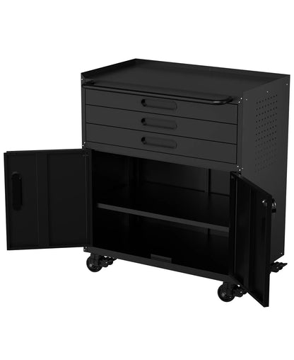 34" Rolling Metal Tool Cabinet - Mobile Workbench with 3 Drawers and Locking Doors