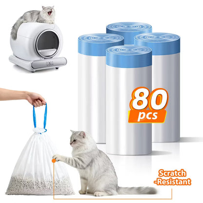 80 PACK Cat Litter Box Liners, Tear Resistant Heavy Duty Cat Litter Bags with Drawstring, Easy Cleanup