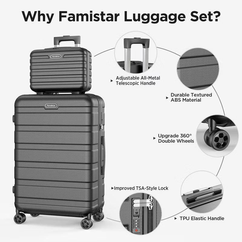 Famistar 11 Piece Hardside Luggage Suitcase Set with 360° Double Spinner Wheels (14/20/24/28 inch) Black