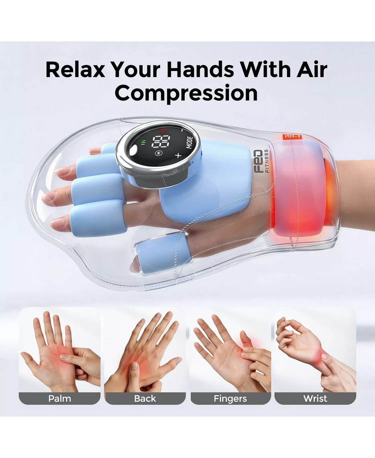 Red Light Hand Massager, Air Compression for Palm Wrist Fingers, 9 Levels, Rechargeable for Pain Relief