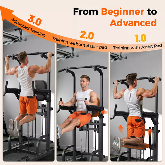440LBS Assisted Pull Up Power Tower, Adjustable Resistance Dip Station with 2-in-1 Backrest, Multi-Function Strength Training Equipment