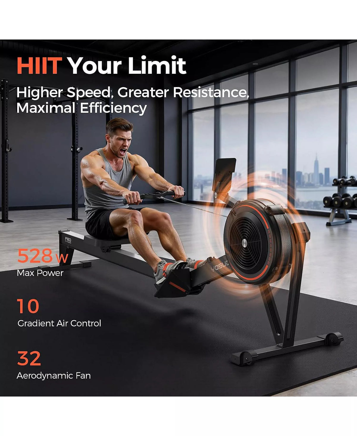 Adjustable Air Resistance Rowing Machine for Home Use, Self-Powered Rower with 53.7'' Rail, Ergonomic Comfort Seat and Easy Storage