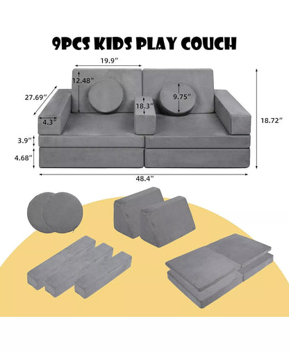 9-Piece Kids Modular Play Sofa, Convertible Foam Couch for Playroom, Grey