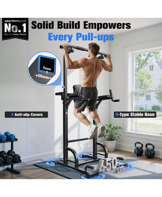 450LBS Power Tower, Adjustable Pull Up Dip Station with 39.7" Extended Base, 5-in-1 Full Body Strength Training Equipment for Home Gym